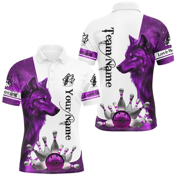 FUNSTUFFPRINT Purple Galaxy Wolf Bowling Polo, For Men Custom Bowling Team Polo Shirt Size S-5XL