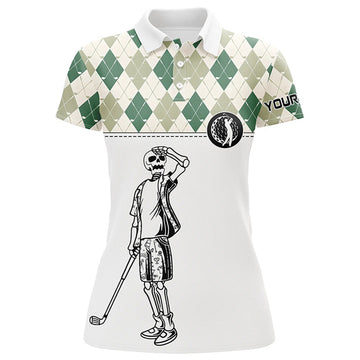 Custom Green Argyle Pattern Womens Golf Polo Shirt Custom Golf Skull Polos Shirt For Ladies, Golfing Gifts
