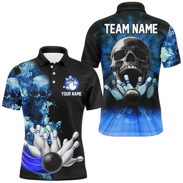 FUNSTUFFPRINT Blue Flame Skull Bowling Polo, For Men Custom Bowling Team Polo Shirt Size S-5XL