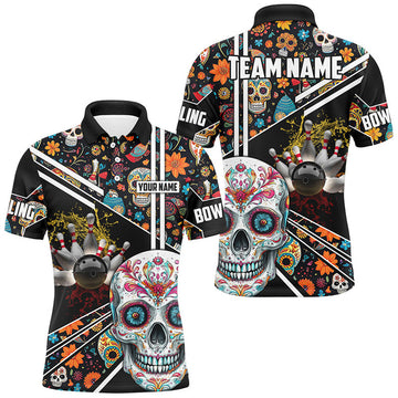 FUNSTUFFPRINT Sugar Skull Pattern Custom Mens Team Bowling Polo Shirt Size S-5XL
