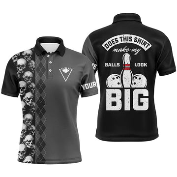 FUNSTUFFPRINT Funny black skull Bowling polo shirt for men Custom name Does this shirt make my balls look big Polo Shirt Size S-5XL