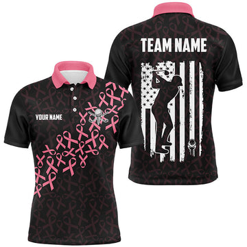 FUNSTUFFPRINT Pink Ribbons Cancer Awareness Mens Golf Polo Shirts, Custom American Flag Golf Apparel For Mens Polo Shirt Size S-5XL