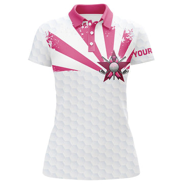 Custom White And Pink Womens Golf Polo Shirts Custom Breast Cancer Awareness Ladies Golf Tournament Shirt