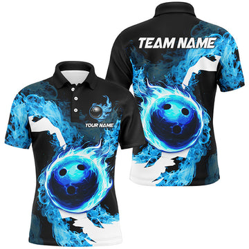 FUNSTUFFPRINT Blue Flame Fire Bowling Shirts for Men Custom Bowling Team Polo Shirt Size S-5XL