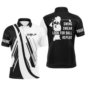 FUNSTUFFPRINT Black and white Mens golf polo shirts custom name swing swear look for ball repeat golf shirt for mens Polo Shirt Size S-5XL