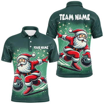 FUNSTUFFPRINT Funny Green Santa Bowling polo, Custom bowling uniforms Christmas Polo Shirt Size S-5XL
