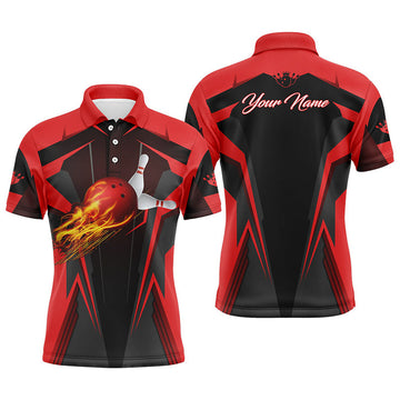FUNSTUFFPRINT Personalized Men Bowling Polo Shirt Flame Bowling Ball and Pins, bowling polo for men bowlers Polo Shirt Size S-5XL