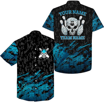 Custom Skull Bowling Hawaiian Shirt Custom Name And Team Name Blue Bowling Skeleton, Team Bowling Shirts