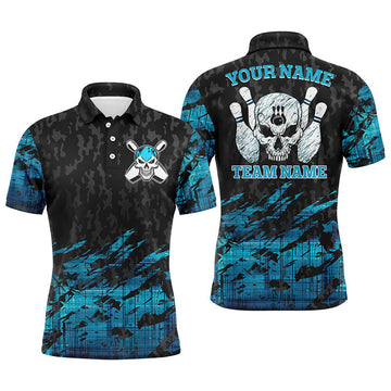 FUNSTUFFPRINT Skull Bowling polo shirts for men custom name and team name blue Bowling skeleton Polo Shirt Size S-5XL