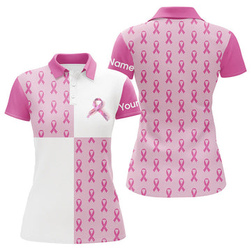Custom Womens Golf Polo Shirts Custom Pink Breast Cancer Pink Ribbon Pattern Golf Shirts For Ladies