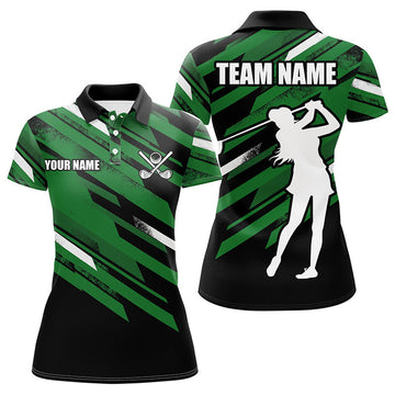 Custom Womens Golf Polos Shirts Custom Black And Green Golf Attire For Ladies, Golfing Gifts For Women