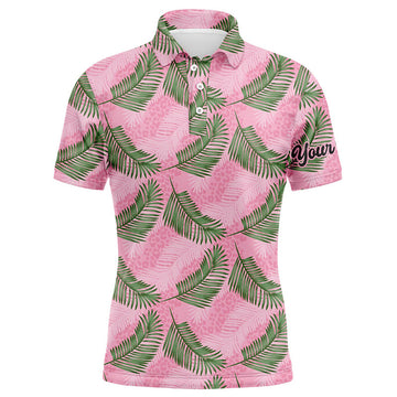 FUNSTUFFPRINT Mens golf polo shirt custom pink leopard palm leaves tropical golf shirts, golf clothes for men Polo Shirt Size S-5XL