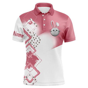 Custom Golf Men Polo Shirt - Custom Name Pink Easter Eggs Bunny Apparel - Personalized Easter Gift For Golf Lover, Male, Husband, Team