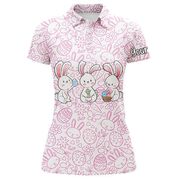 Custom Pink Easter bunny eggs pattern golf shirt custom name Womens golf polo shirts, golf shirts for women