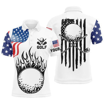 Custom Mens golf polo shirts custom American flag golf ball fire patriot golf tops, golf attire for mens