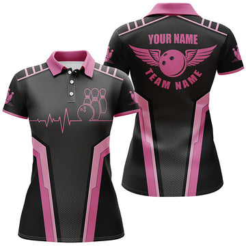 Custom Personalized 3d Bowling Shirts For Women, Custom Pink Short Sleeve Polo Bowling Heartbeat Shirts