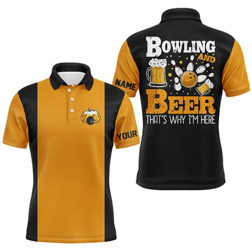 FUNSTUFFPRINT Black and yellow Retro bowling Polo shirts for men custom bowling and beer that's why I'm here Polo Shirt Size S-5XL