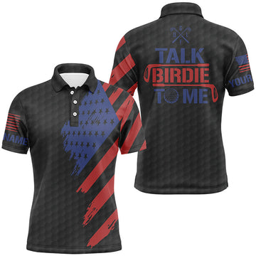 FUNSTUFFPRINT ,Funny Mens golf polo shirt custom American flag patriotic black golf shirts talk birdie to me Polo Shirt Size S-5XL