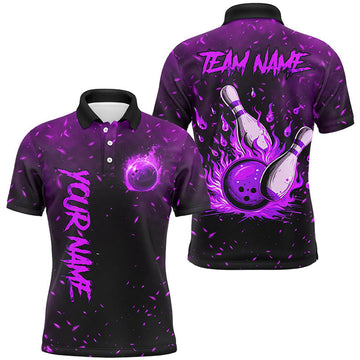 FUNSTUFFPRINT Purple Flame Bowling Jerseys For Men Custom Bowling Polo, for Team, Gift for Bowler Polo Shirt Size S-5XL