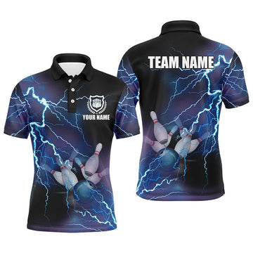 Custom Mens polo bowling shirts Custom blue lightning thunder Bowling Team Jersey, gift for team Bowlers