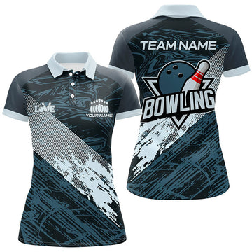 Custom Blue Camo Bowling Ball And Pins Custom Womens Bowling Polo Shirts, Gift For Team Bowlers