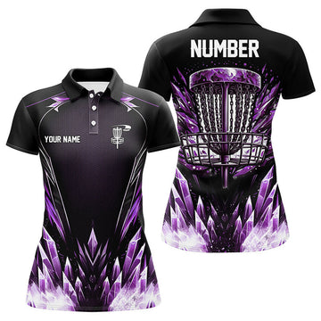 Custom Icy Purple Womens Disc Golf Polo Shirts Custom Black Disc Golf Basket Jerseys, Frisbee Golf Shirts