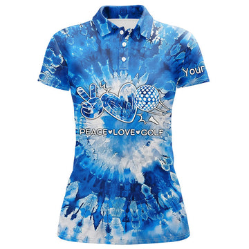 Custom Womens Golf Polo Shirts Blue Tie Dye Pattern Custom Peace Love Golf, Personalized Golf Shirt For Women