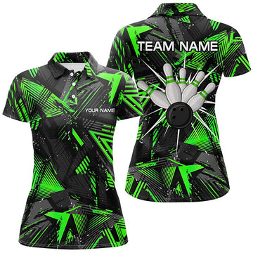 Custom Black Green Camo Bowling Polo Shirt For Women, Personalized Bowling Team Shirts Jerseys