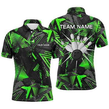 FUNSTUFFPRINT Black green camo Bowling Polo Shirt for Men, Personalized Bowling Team Polo Shirt Size S-5XL