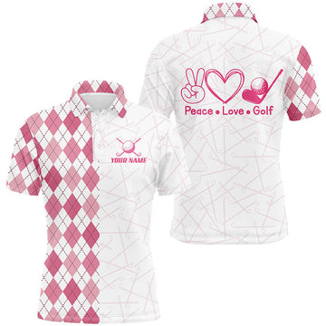 Custom Pink argyle pattern Mens golf polo shirts custom peace love golf team jerseys, golf attire for men