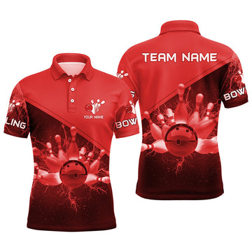 FUNSTUFFPRINT Mens polo bowling shirts Custom red lightning thunder Bowling Team Jersey, gift for team Bowlers Polo Shirt Size S-5XL