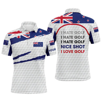 Custom Golf Men Polo Shirt - Custom Name Zealand Flag Apparel - Personalized Gift For Golf Lover, Men, Team, Patriot - New I Hate Golf Nice Shot I Love Golf