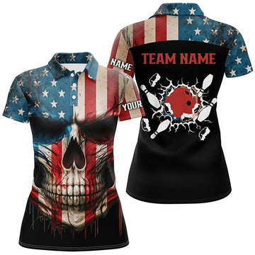 Custom Personalized Skull Bowling Shirt For Women Custom Team's Name American Flag Bowler Jersey Polo Shirt