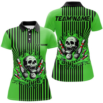 Custom Green And Black Stripes Women Bowling Polo, Custom Skull Bowling Team Jerseys
