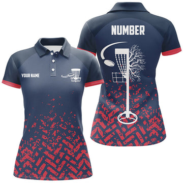 Custom Blue And Red Camo Women Disc Golf Polo Shirts Custom Disc Golf Basket Jerseys For Team