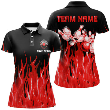 Custom Red flame Womens bowling polo shirt black Bowling Jerseys Personalized Bowling Team Shirts