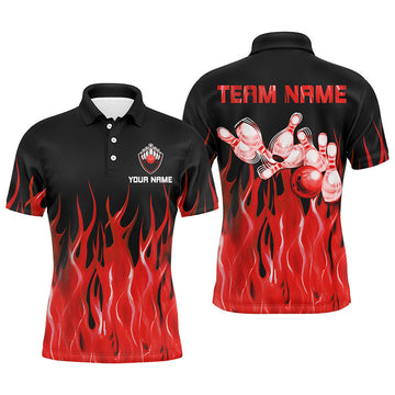Personalized Men Polo Bowling Shirt Red Flame Bowling Ball Pins Bowling Jerseys For Men Bowler