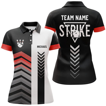 Custom Black and white Women bowling polo shirts Custom retro bowling ball pins team league jerseys | Red