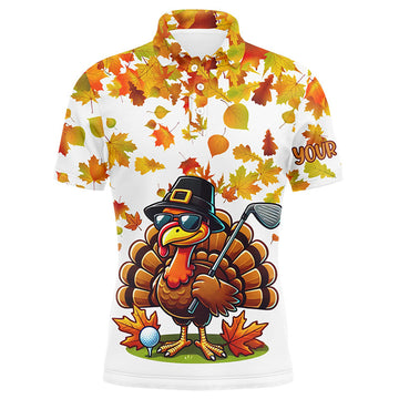 FUNSTUFFPRINT Thanksgiving autumn leaf pattern custom Mens golf polo shirts, Funny Turkey golf tops for mens Polo Shirt Size S-5XL