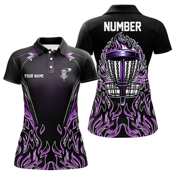 Custom Purple Flame Womens Disc Golf Polo Shirts Custom Black Disc Golf Fire Jerseys, Frisbee Golf Shirts
