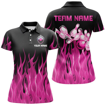 Custom Personalized Women Polo, Bowling Shirt pink Flame Bowling Ball Pins bowling jersey for Bowler