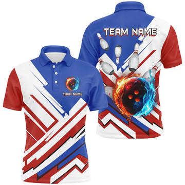 FUNSTUFFPRINT Red, White and Blue Flame Bowling Polo Shirt Size S-5XL