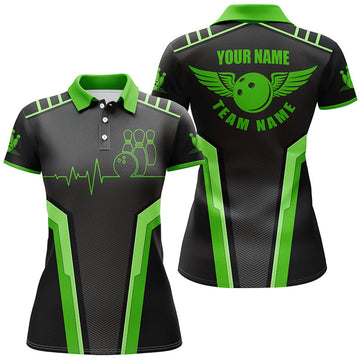 Custom Personalized 3d Bowling Shirt For Women, Custom Black Green Short Sleeve Polo Bowling Heartbeat Shirts
