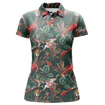 Custom Women Golf Polo Shirts Flamingo Green Tropical Jungle Pattern Custom Name Team Golf Polo Shirts