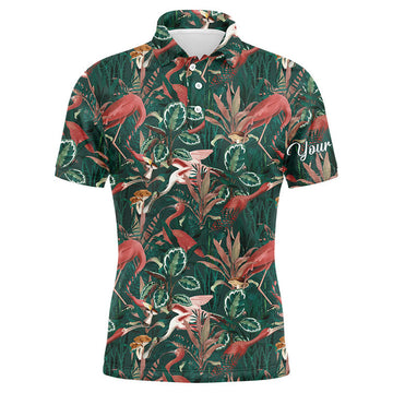 Custom Golf Men Polo Shirt - Custom Name Flamingo Green Tropical Jungle Pattern Apparel - Personalized Gift For Golf Lover, Team, Husband, Boyfriend