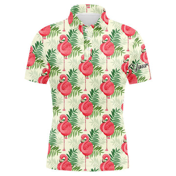 Custom Golf Men Polo Shirt - Custom Name Pink Flamingo Green Tropical Leaf Pattern Apparel - Personalized Gift For Golf Lover, Team, Husband, Boyfriend