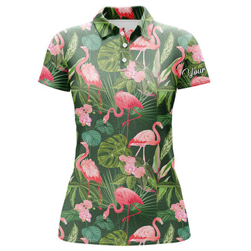 Custom Women Golf Polo Shirts Flamingo Green Tropical Palm Leaves Pattern Custom Name Team Golf Polo Shirts