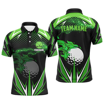 Custom Black Mens golf polo shirts custom green fire lightning team golf jerseys, golf attire for men