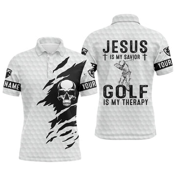 Custom Golf Men Polo Shirt - Custom Name White Skull Apparel - Personalized Gift For Golf Lover, Men, Husband, Team - Jesus Is My Savior, Golf Is My Therapy