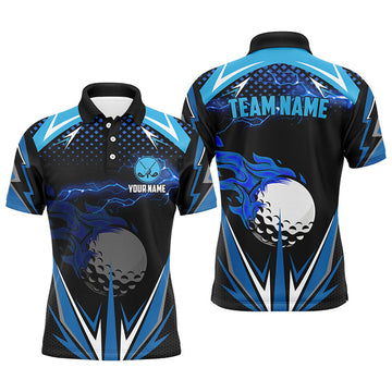 Custom Black Mens golf polo shirts custom blue lightning team golf jerseys, golf attire for men